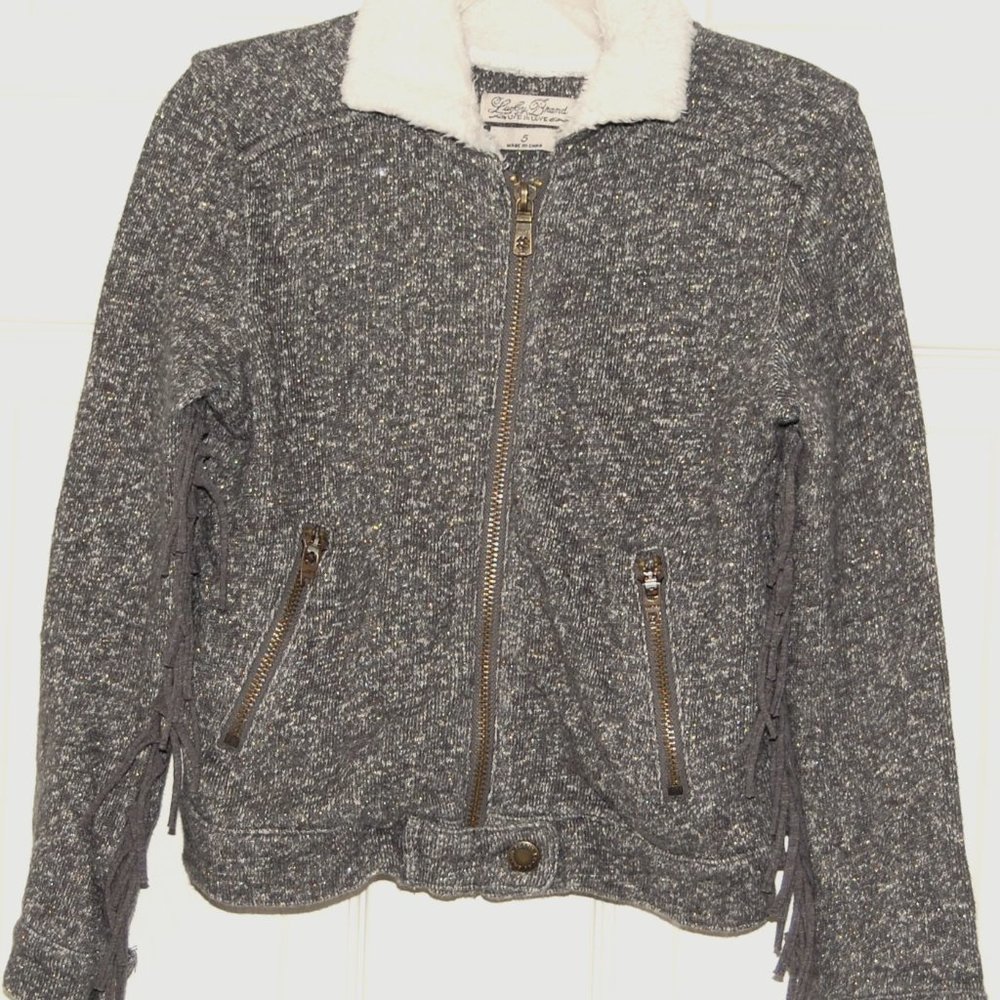 Lucky Brand Girls Size 5, Gray Soft Cotton Jacket with Fringe Sleeves - Picture 2 of 12